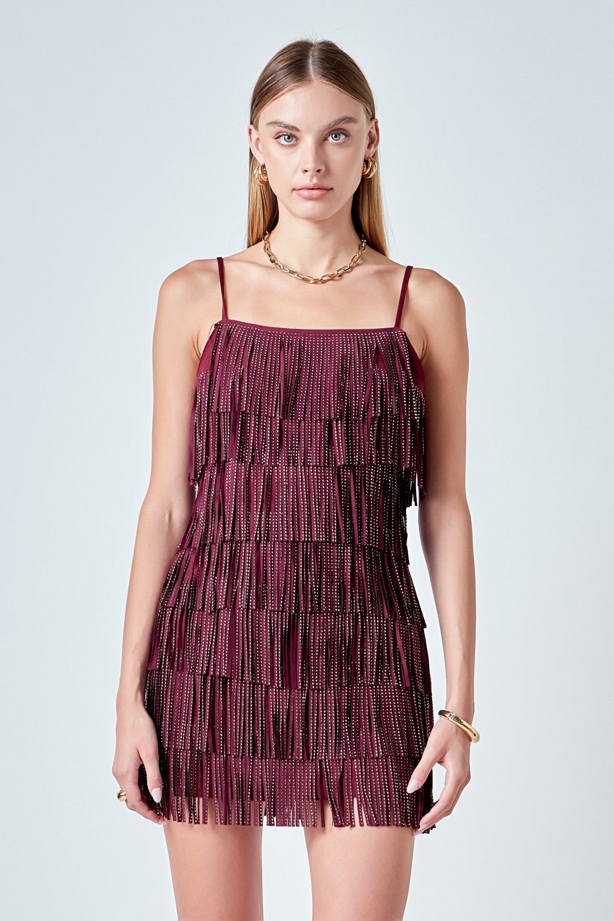 Endless Rose Featured | Rhinestone Faux Suede Fringe Mini Dress