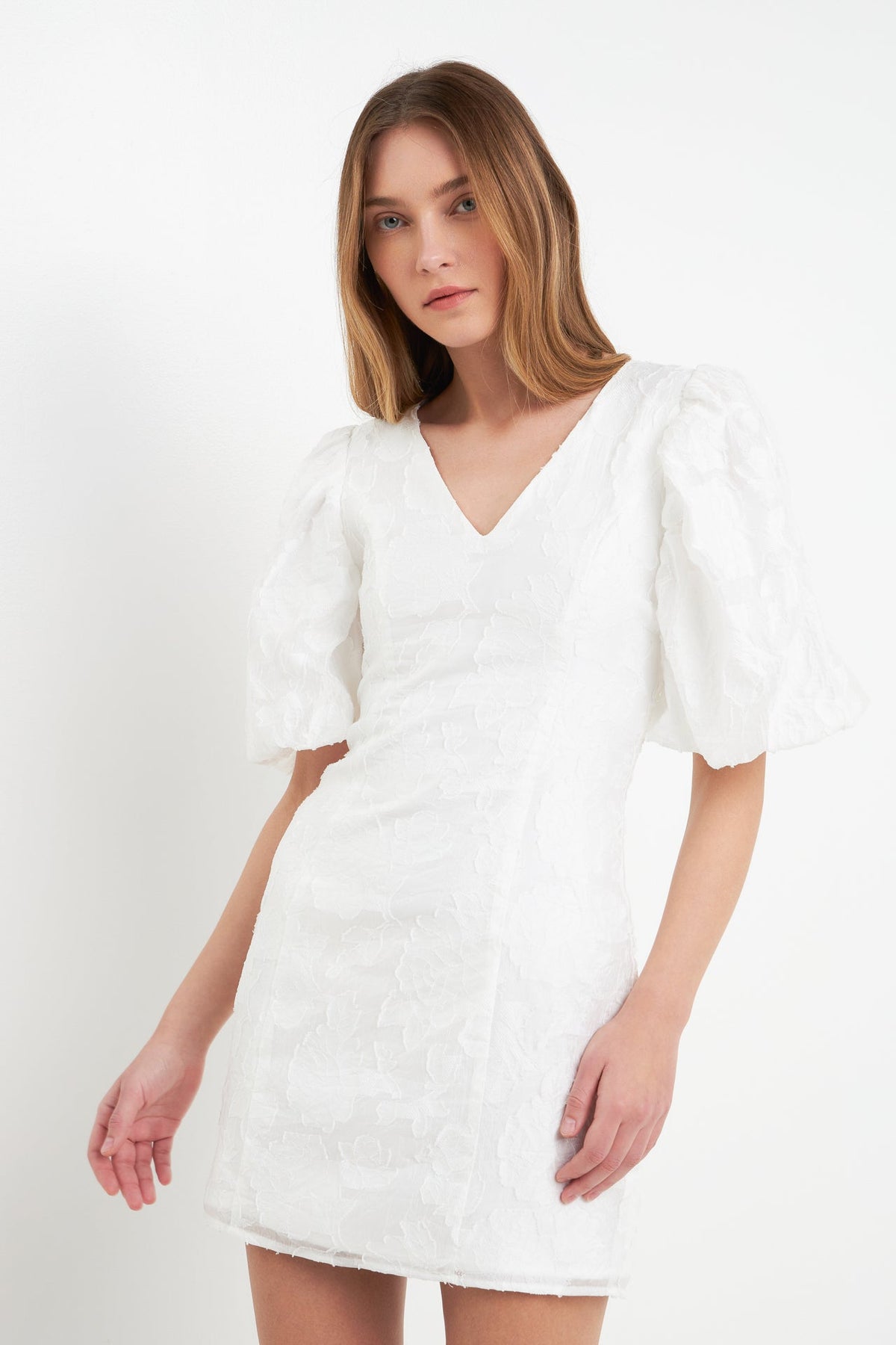 Endless Rose Quality | Floral Jacquard Puff Sleeve Mini Dress