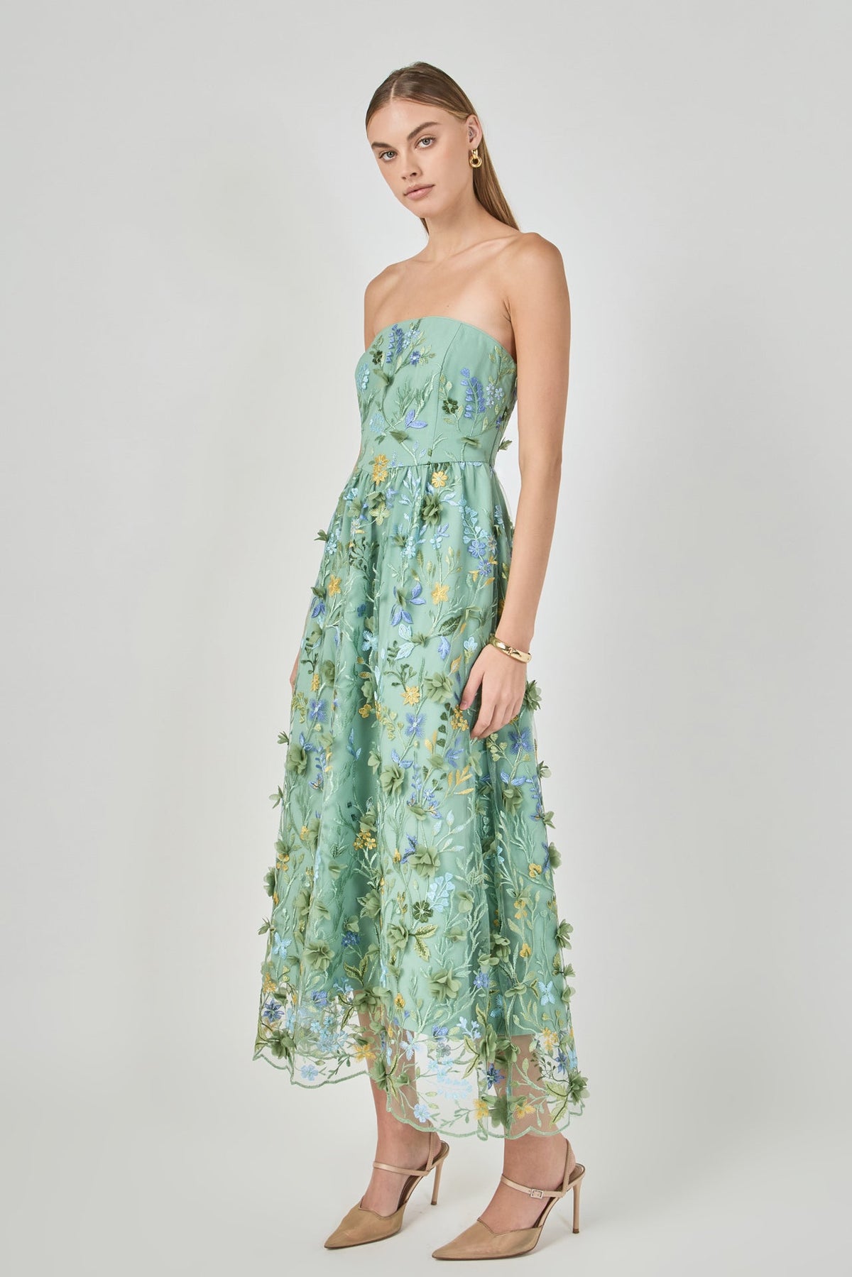Endless Rose Latest | Strapless 3D Floral Embroidered Maxi Dress