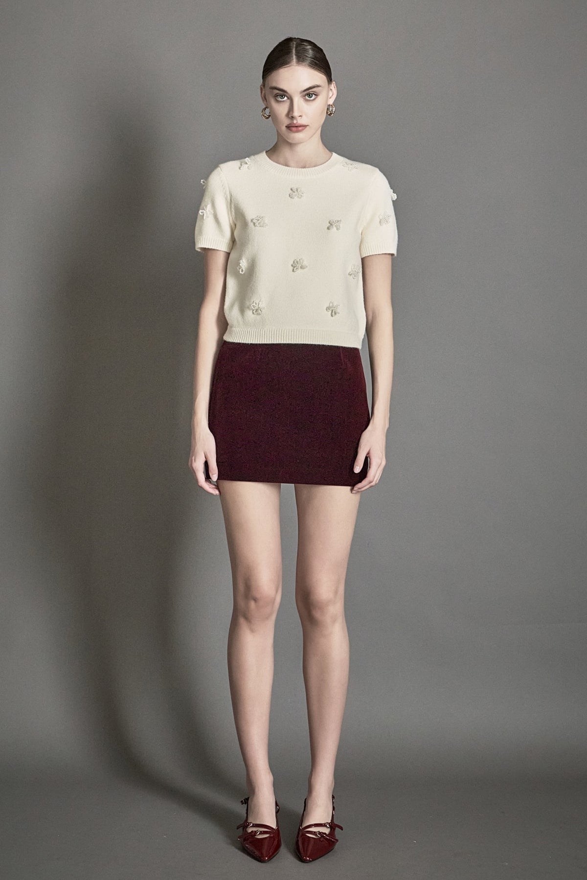 Endless Rose Classic | Pearl Trim Short Sleeve Sweater