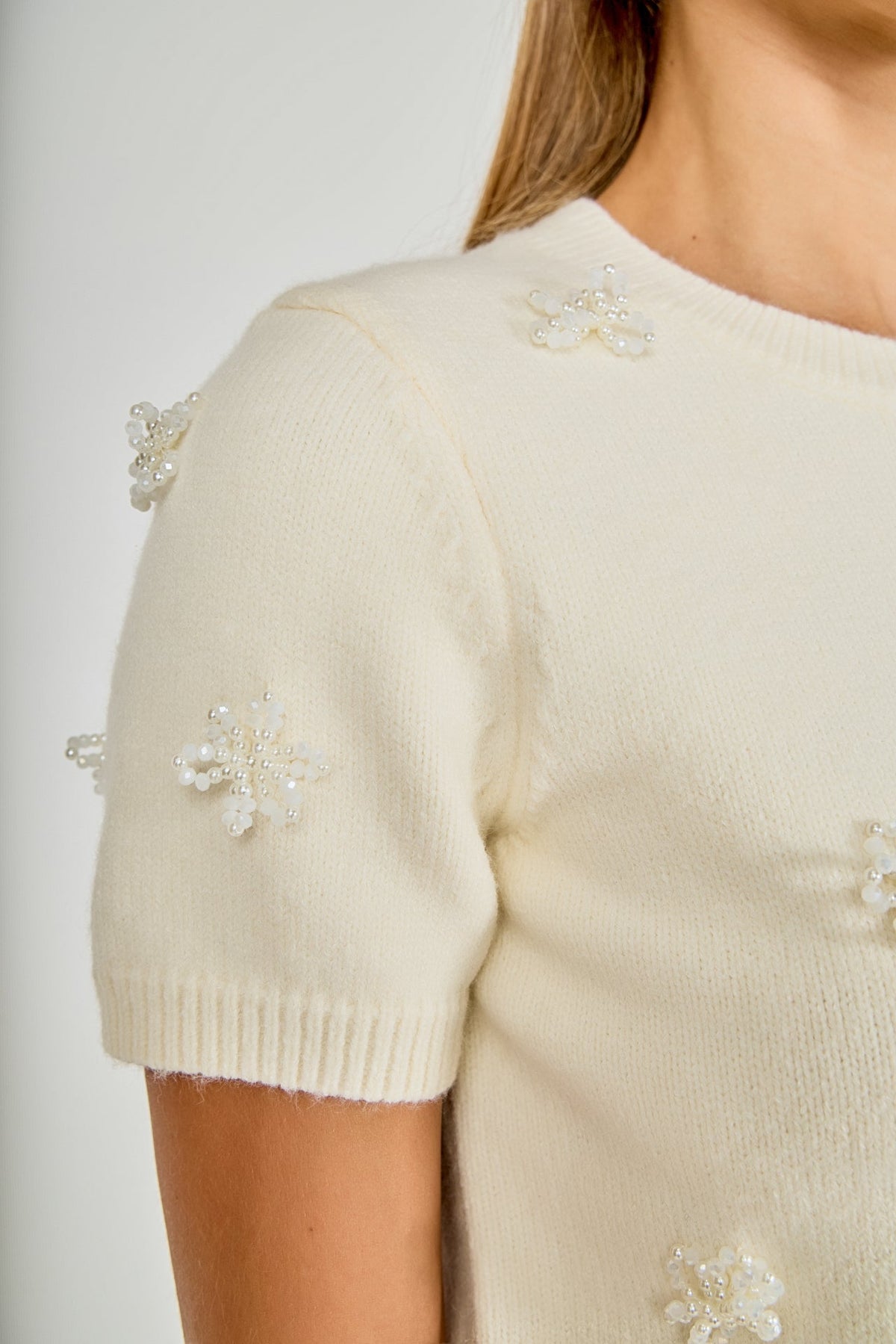 Endless Rose Classic | Pearl Trim Short Sleeve Sweater