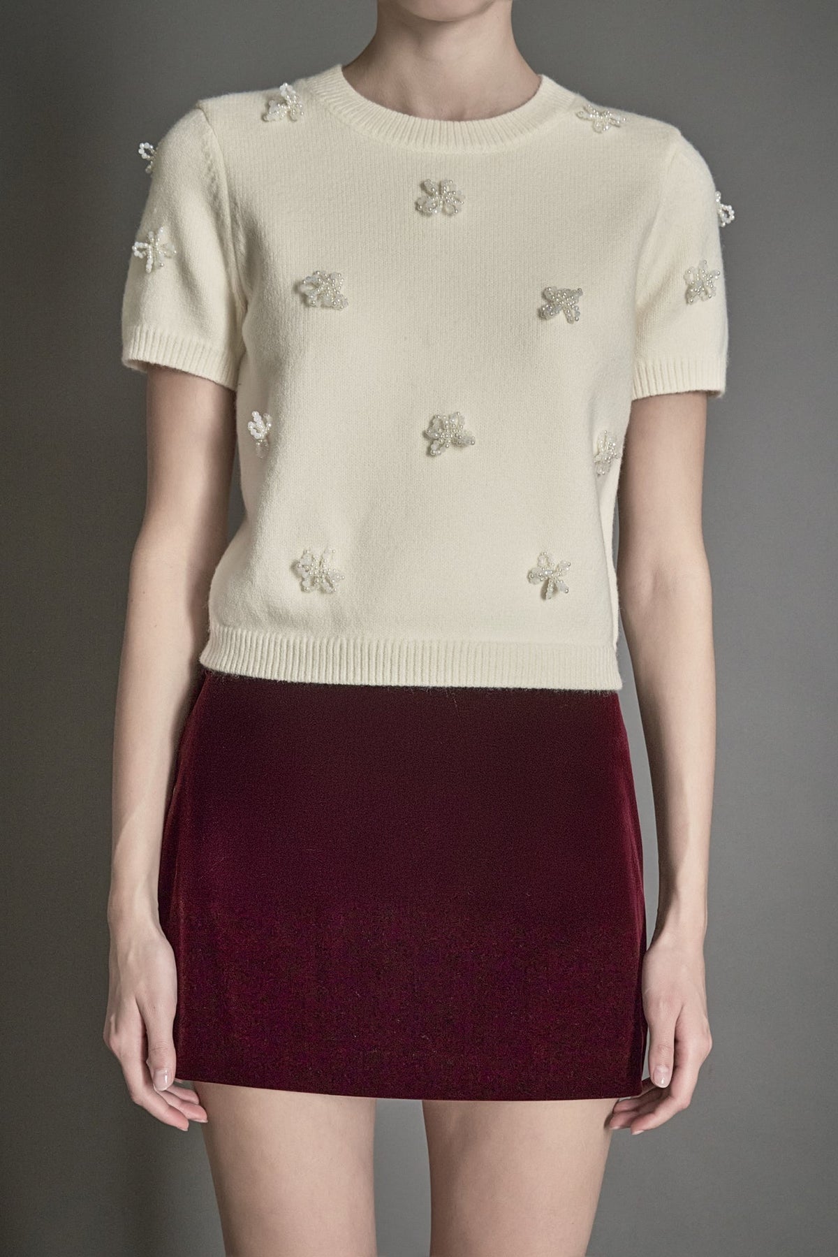 Endless Rose Classic | Pearl Trim Short Sleeve Sweater