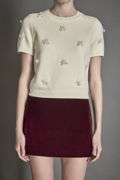 Endless Rose Classic | Pearl Trim Short Sleeve Sweater