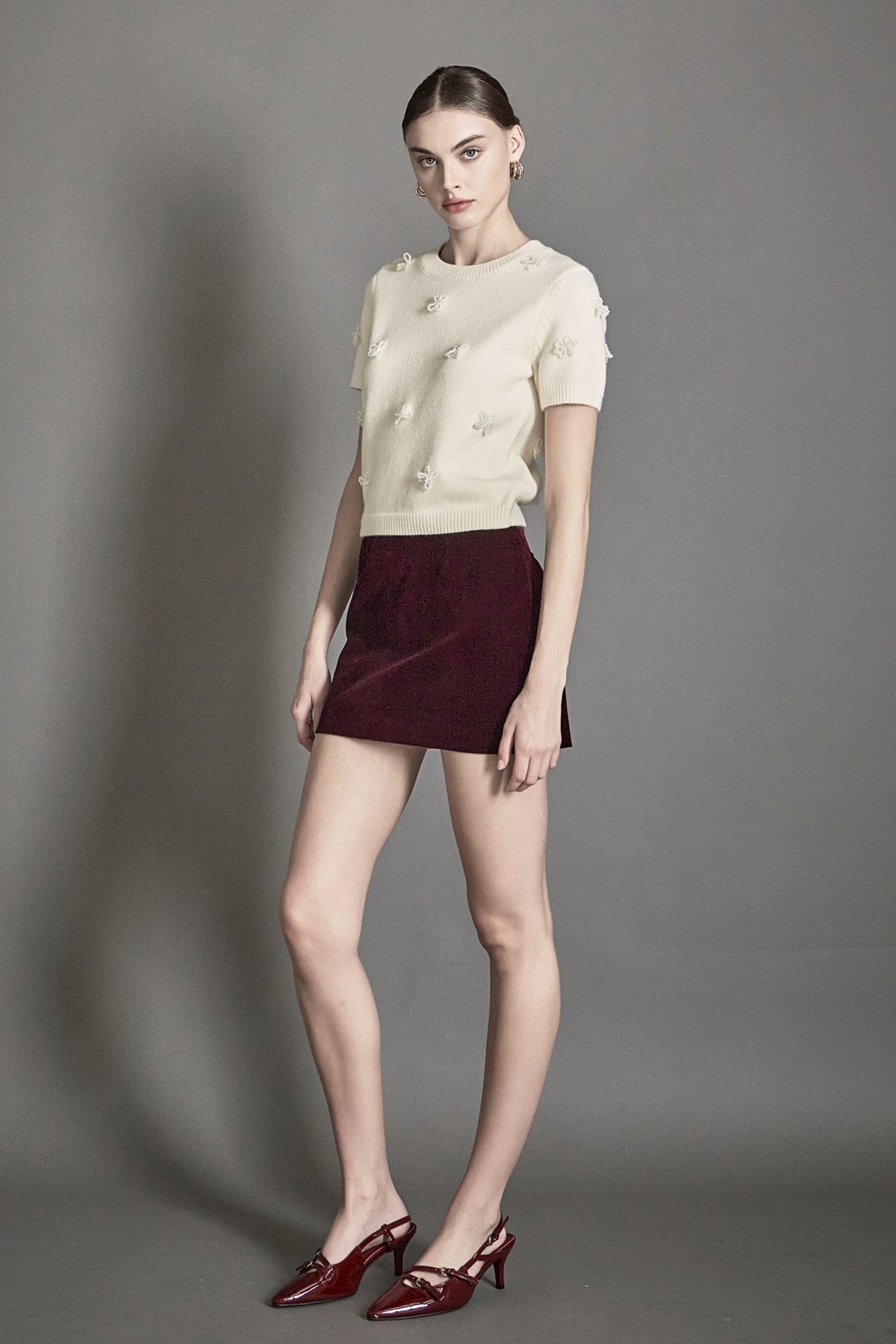 Endless Rose Classic | Pearl Trim Short Sleeve Sweater