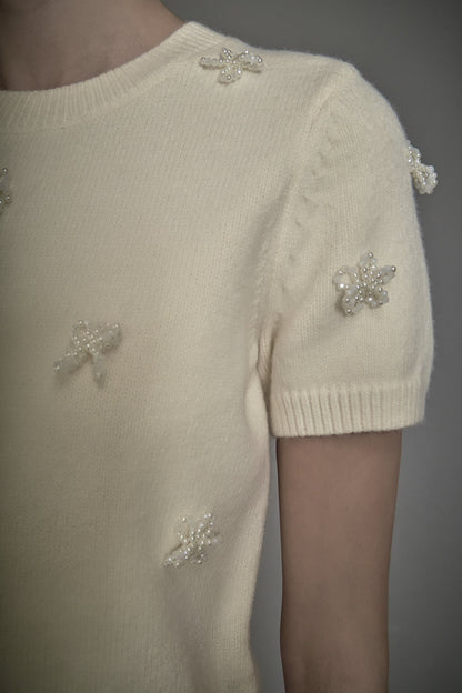 Endless Rose Classic | Pearl Trim Short Sleeve Sweater