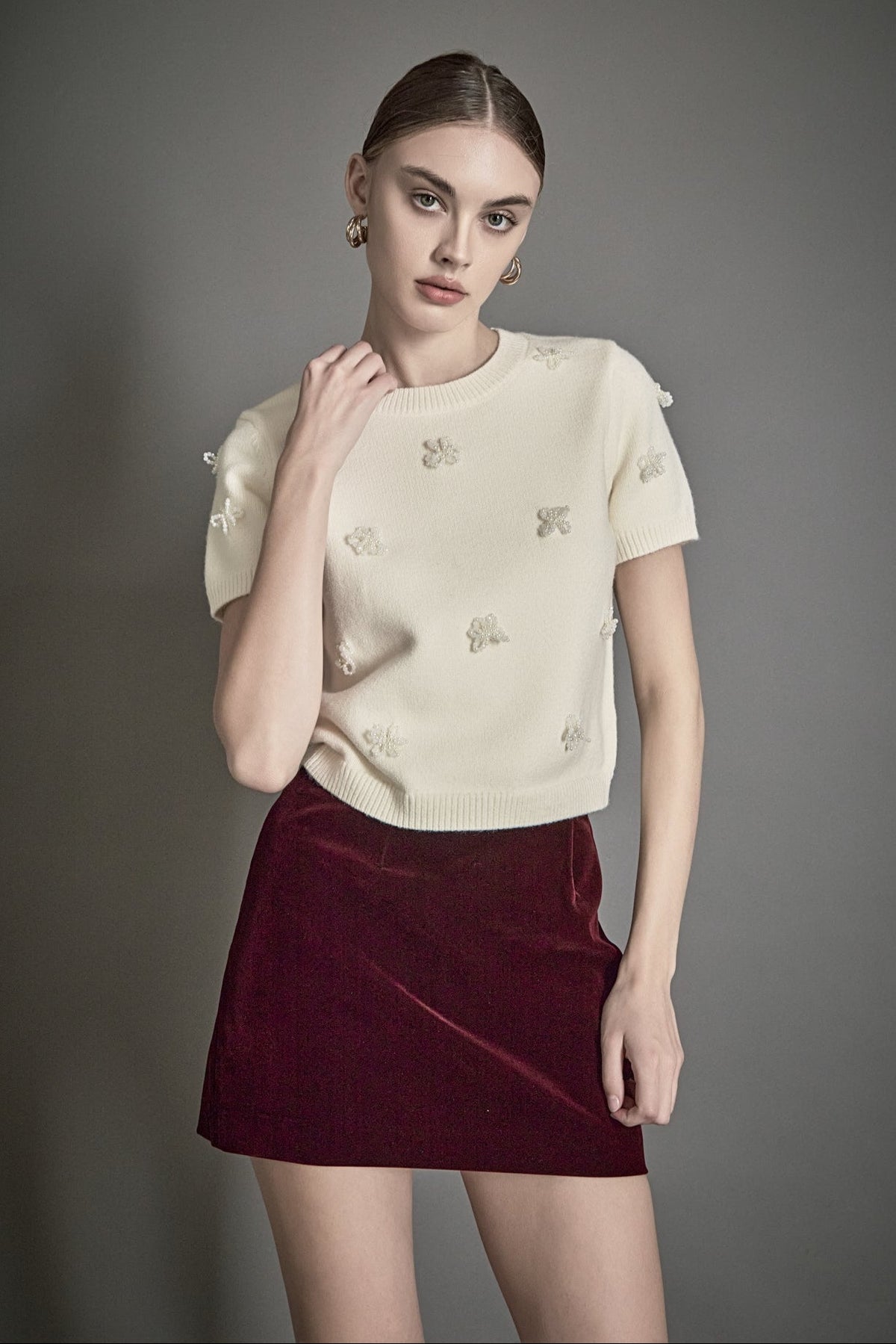 Endless Rose Classic | Pearl Trim Short Sleeve Sweater