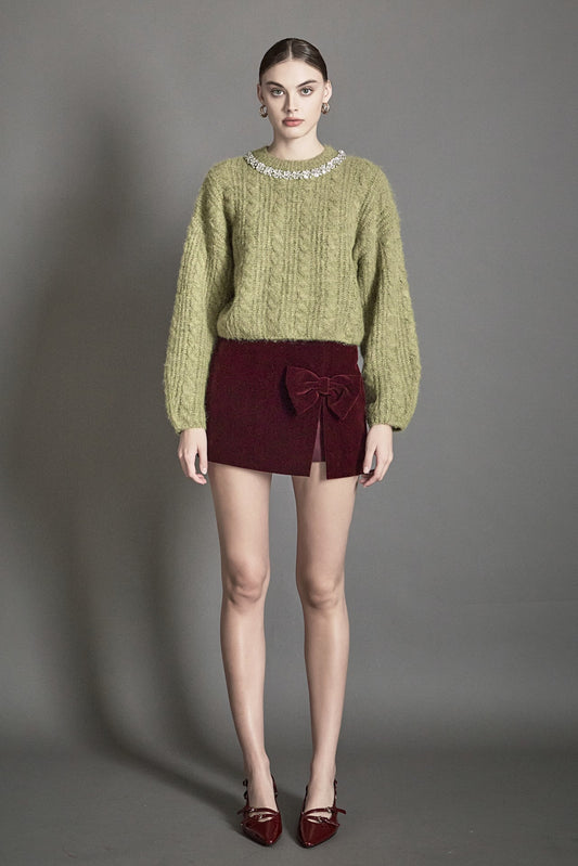 Endless Rose Deals | Jewel Embroidered Fuzzy Cable Knit Chunky Sweater