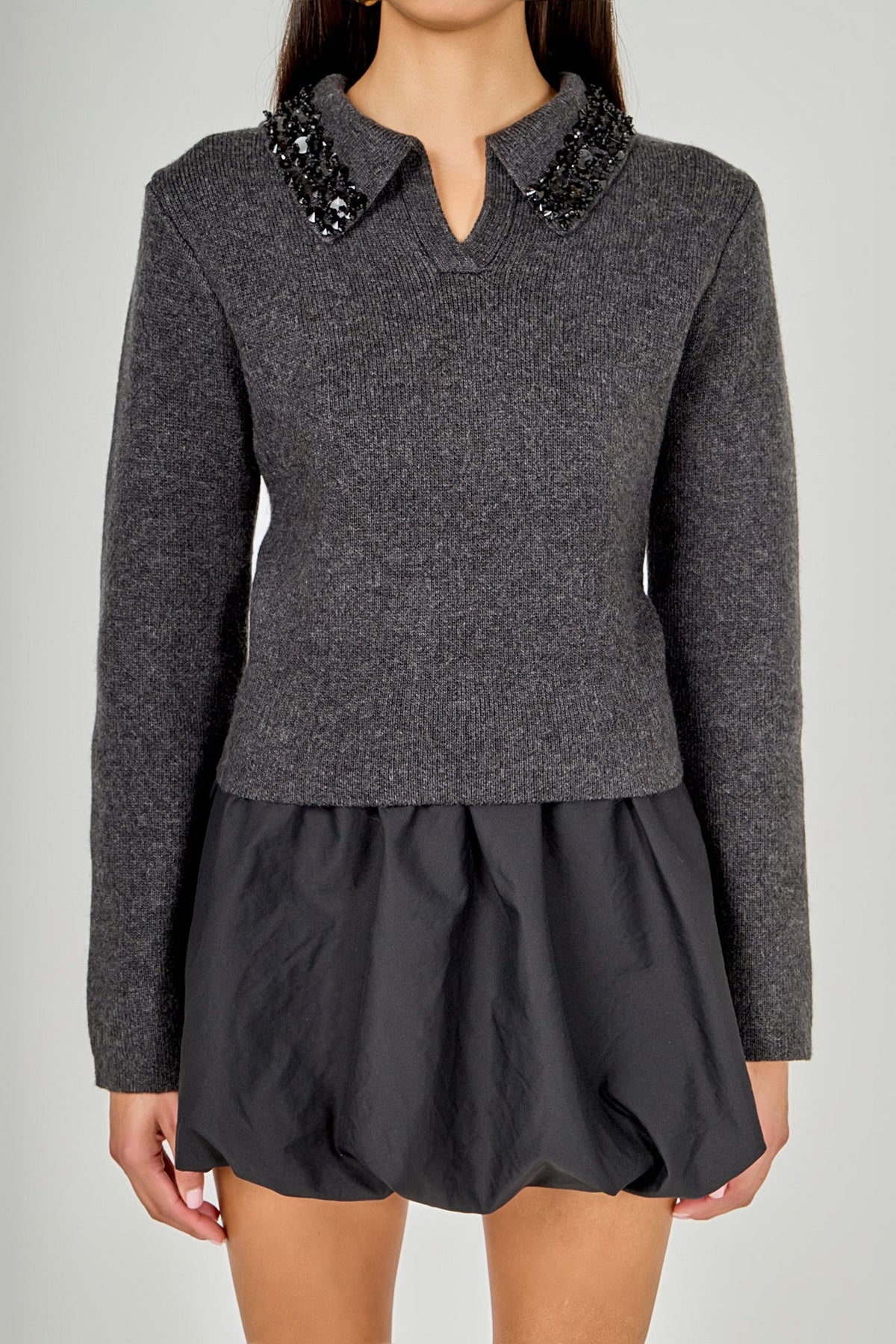 Endless Rose Exclusive | Knit Jewel Trim Collared Sweater