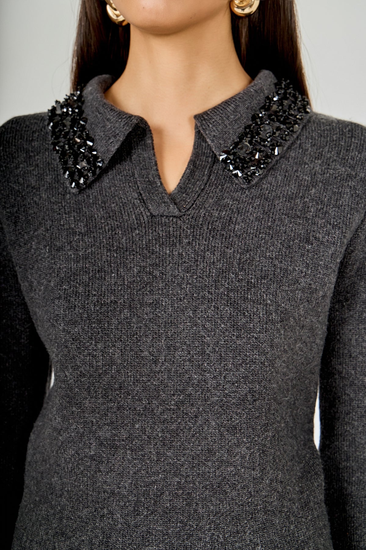 Endless Rose Exclusive | Knit Jewel Trim Collared Sweater