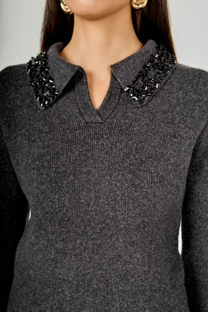Endless Rose Exclusive | Knit Jewel Trim Collared Sweater