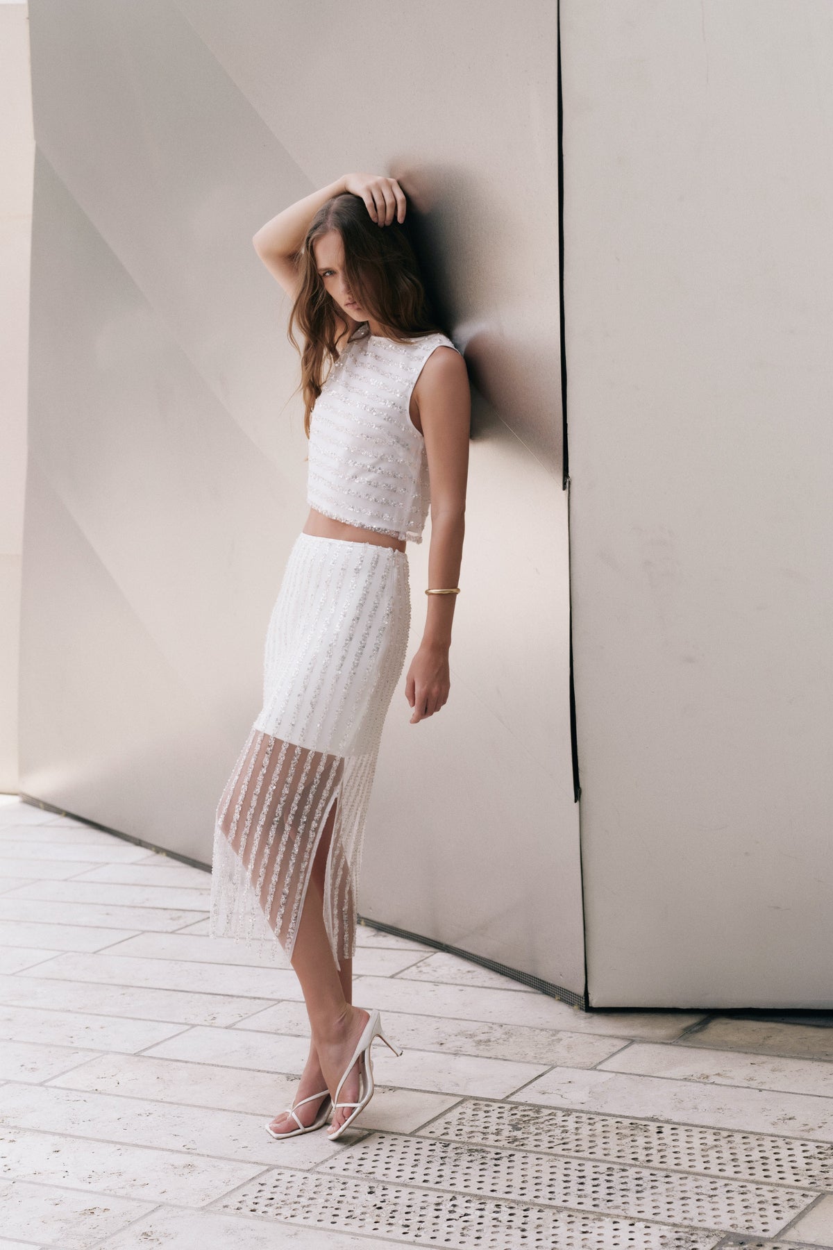 Endless Rose Latest | Sequin Stripe Mesh Midi Skirt