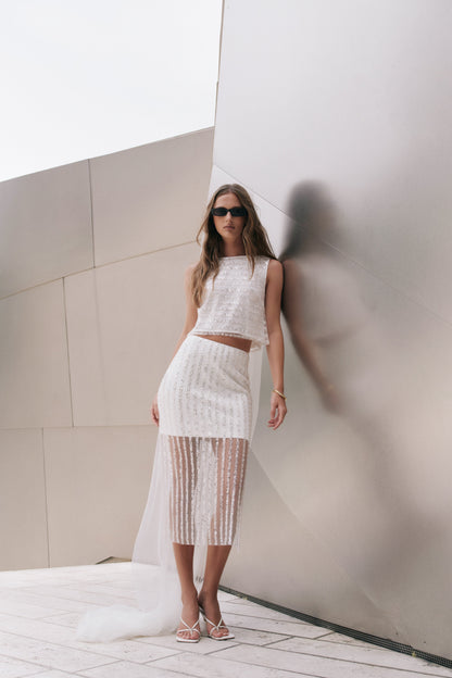 Endless Rose Latest | Sequin Stripe Mesh Midi Skirt