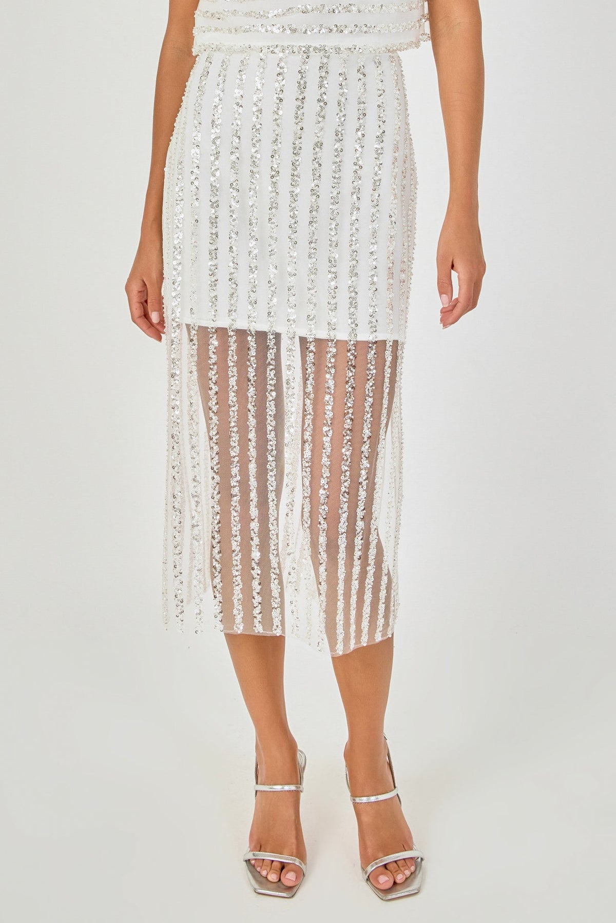 Endless Rose Latest | Sequin Stripe Mesh Midi Skirt