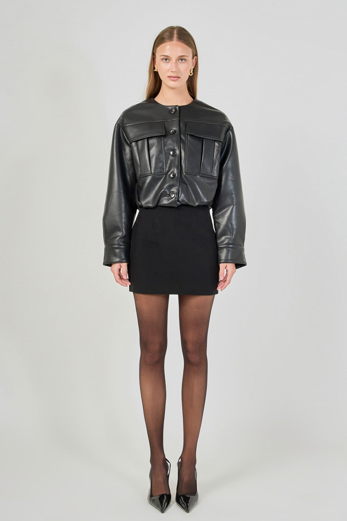 Endless Rose Classic | Round Neck Buttoned Faux Leather Jacket