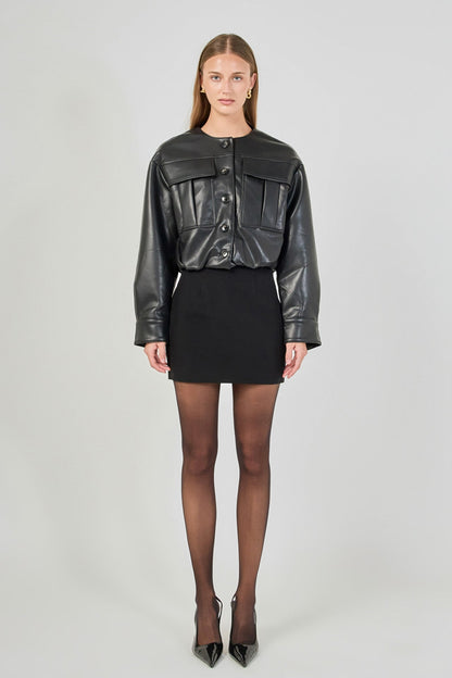 Endless Rose Classic | Round Neck Buttoned Faux Leather Jacket