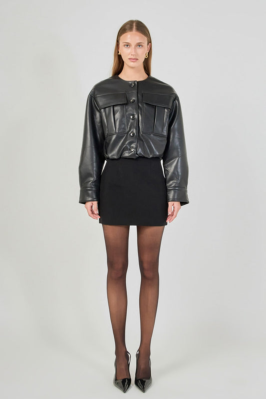 Endless Rose Classic | Round Neck Buttoned Faux Leather Jacket