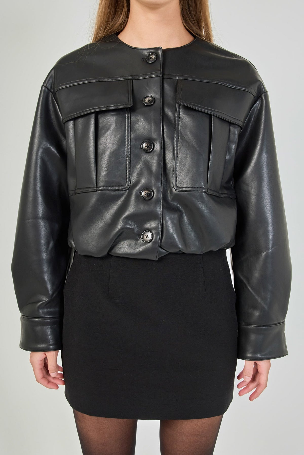 Endless Rose Classic | Round Neck Buttoned Faux Leather Jacket