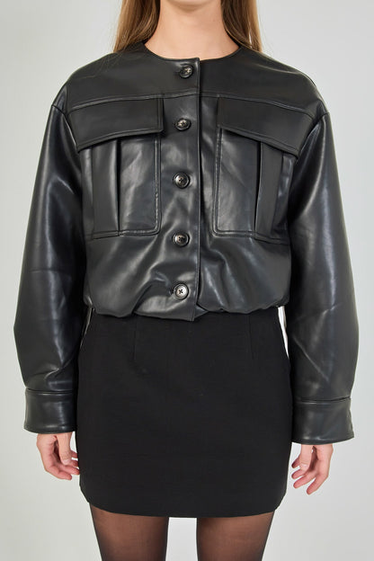 Endless Rose Classic | Round Neck Buttoned Faux Leather Jacket
