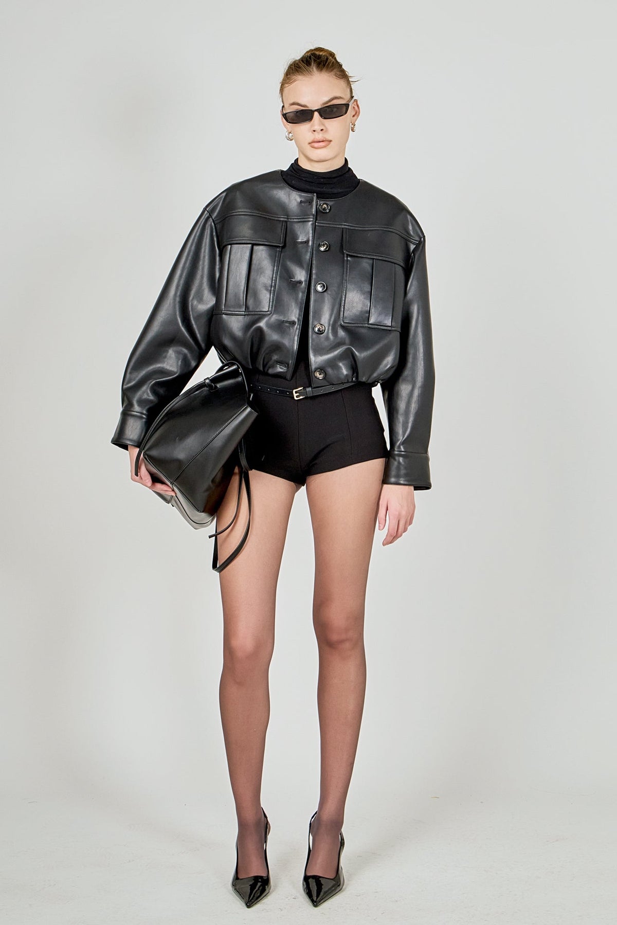 Endless Rose Classic | Round Neck Buttoned Faux Leather Jacket