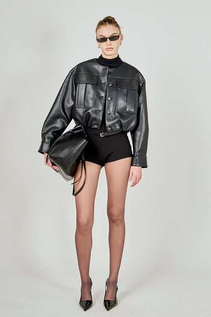 Endless Rose Classic | Round Neck Buttoned Faux Leather Jacket