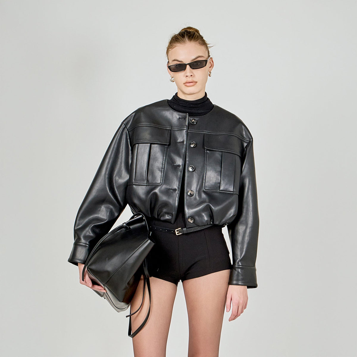 Endless Rose Classic | Round Neck Buttoned Faux Leather Jacket