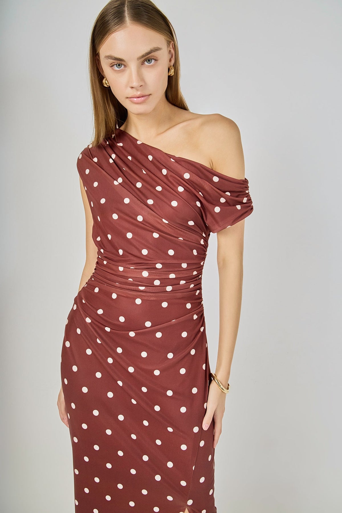 Endless Rose Best Seller | Off Shoulder Polka Dot Mesh Maxi Dress