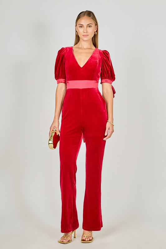 Endless Rose Best Seller | Bow Tie Sleeve Velvet Jumpsuit