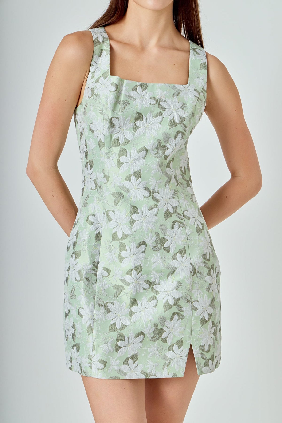 Endless Rose Featured | Floral Jacquard Front Slit Mini Dress