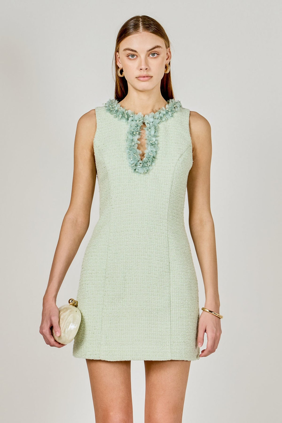 Endless Rose Quality | Tweed Racerback Floral Trim Mini Dress