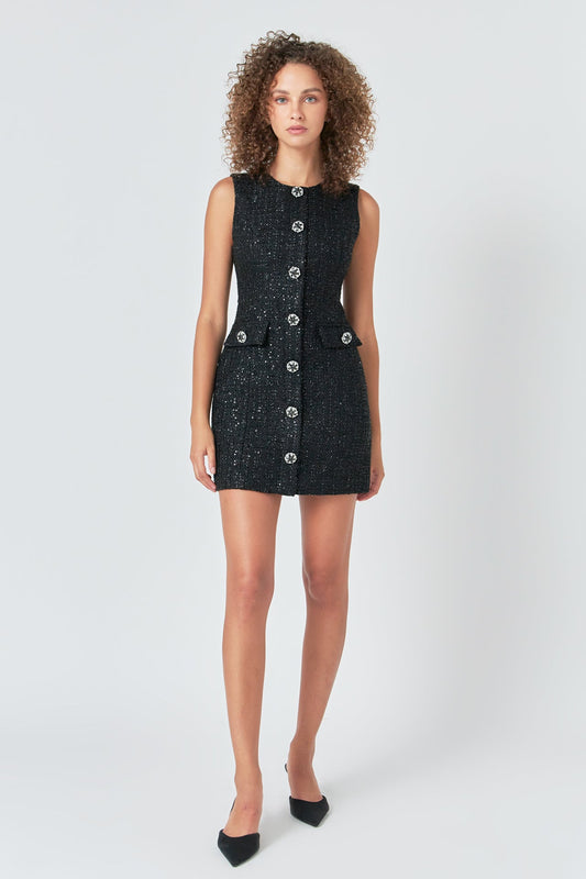 Endless Rose Hot Sale | Tweed Jewel Buttoned Mini Dress