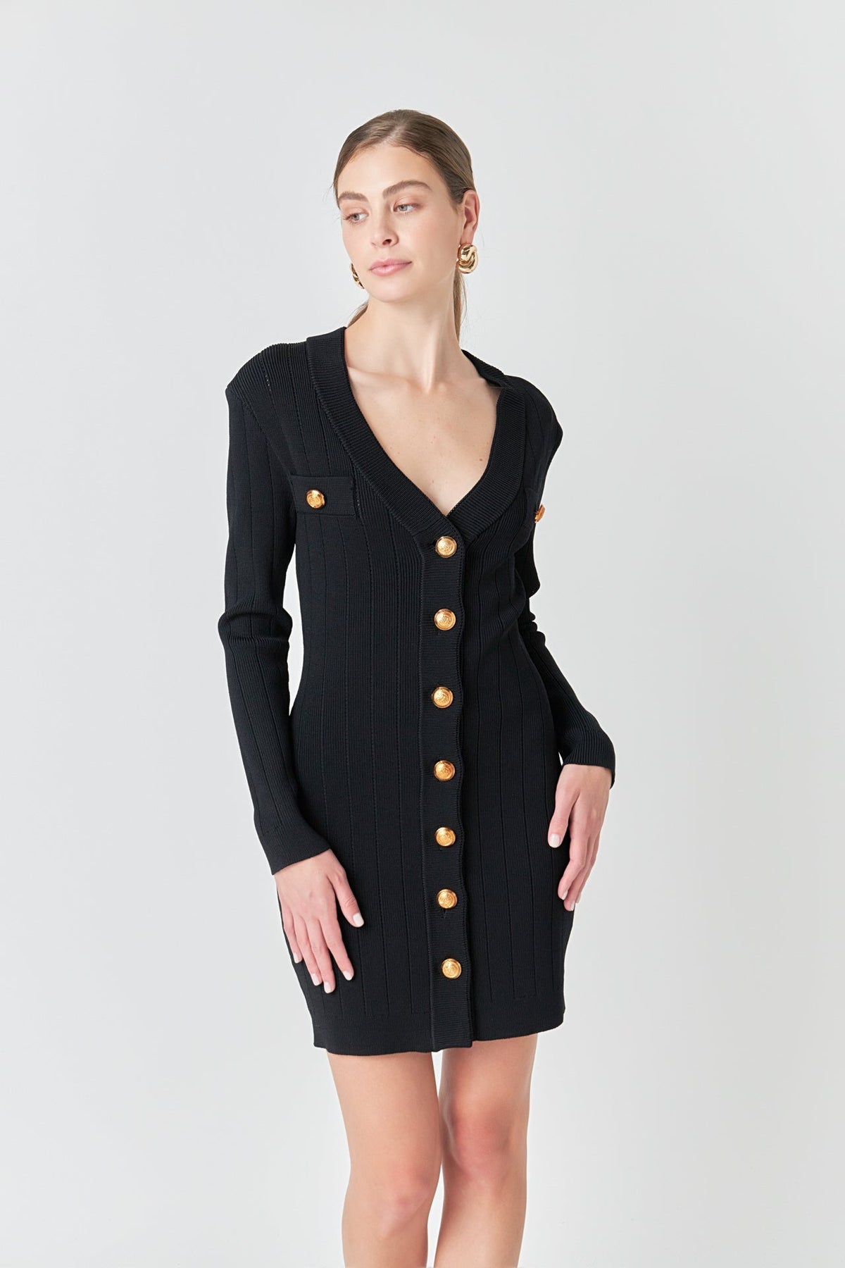 Endless Rose Popular | Shank Button V-Neckline Knit Mini Dress