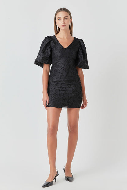Endless Rose Everyday | Floral Jacquard Puff Sleeve Mini Dress