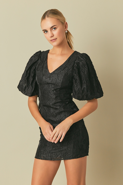 Endless Rose Everyday | Floral Jacquard Puff Sleeve Mini Dress