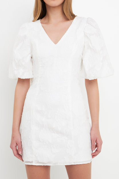 Endless Rose Everyday | Floral Jacquard Puff Sleeve Mini Dress