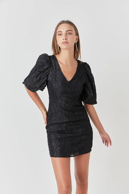 Endless Rose Everyday | Floral Jacquard Puff Sleeve Mini Dress