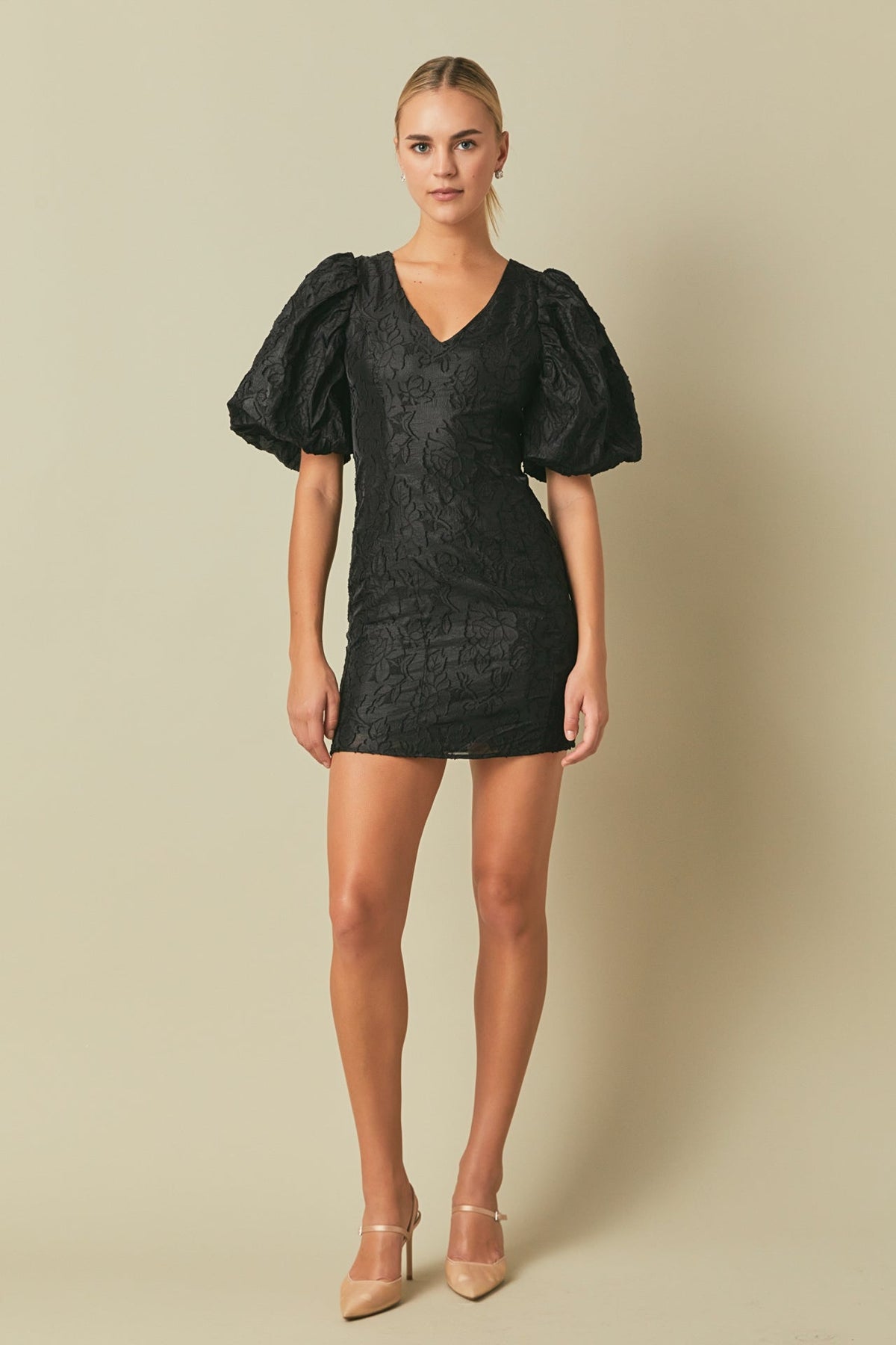 Endless Rose Everyday | Floral Jacquard Puff Sleeve Mini Dress