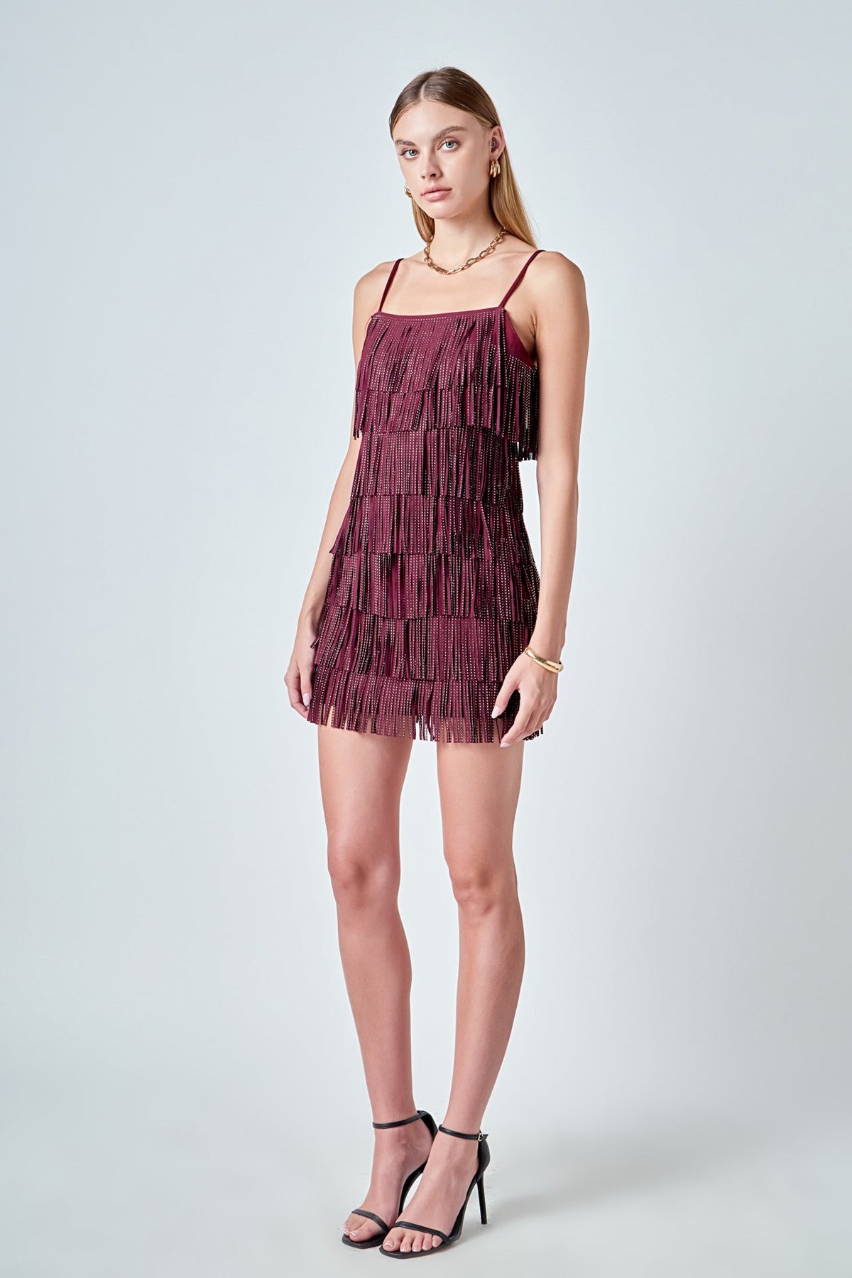 Endless Rose Featured | Rhinestone Faux Suede Fringe Mini Dress