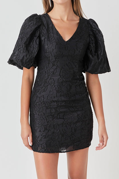 Endless Rose Quality | Floral Jacquard Puff Sleeve Mini Dress