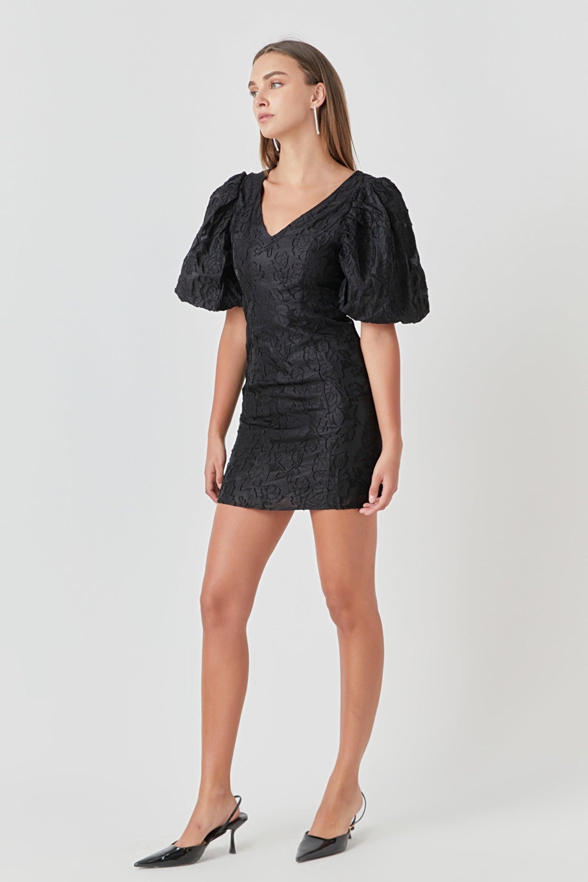 Endless Rose Quality | Floral Jacquard Puff Sleeve Mini Dress