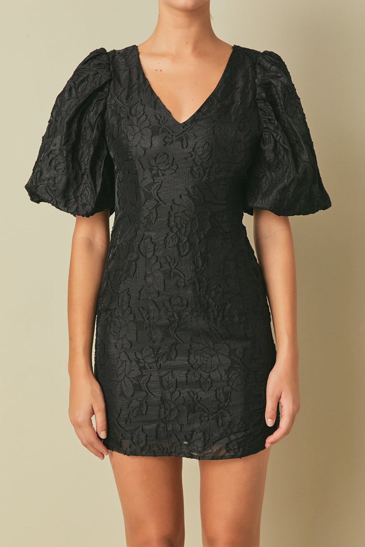 Endless Rose Quality | Floral Jacquard Puff Sleeve Mini Dress