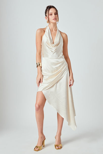 Endless Rose Premium | Halter Neck Asymmetric Satin Dress