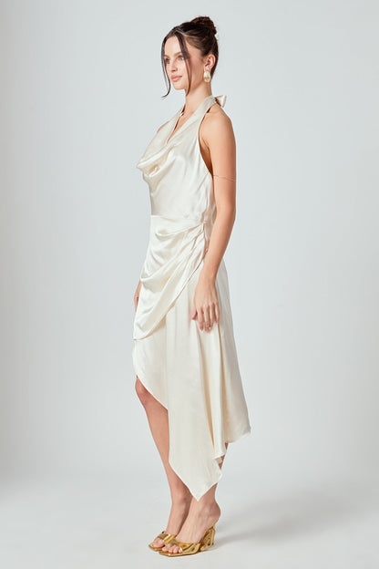 Endless Rose Premium | Halter Neck Asymmetric Satin Dress