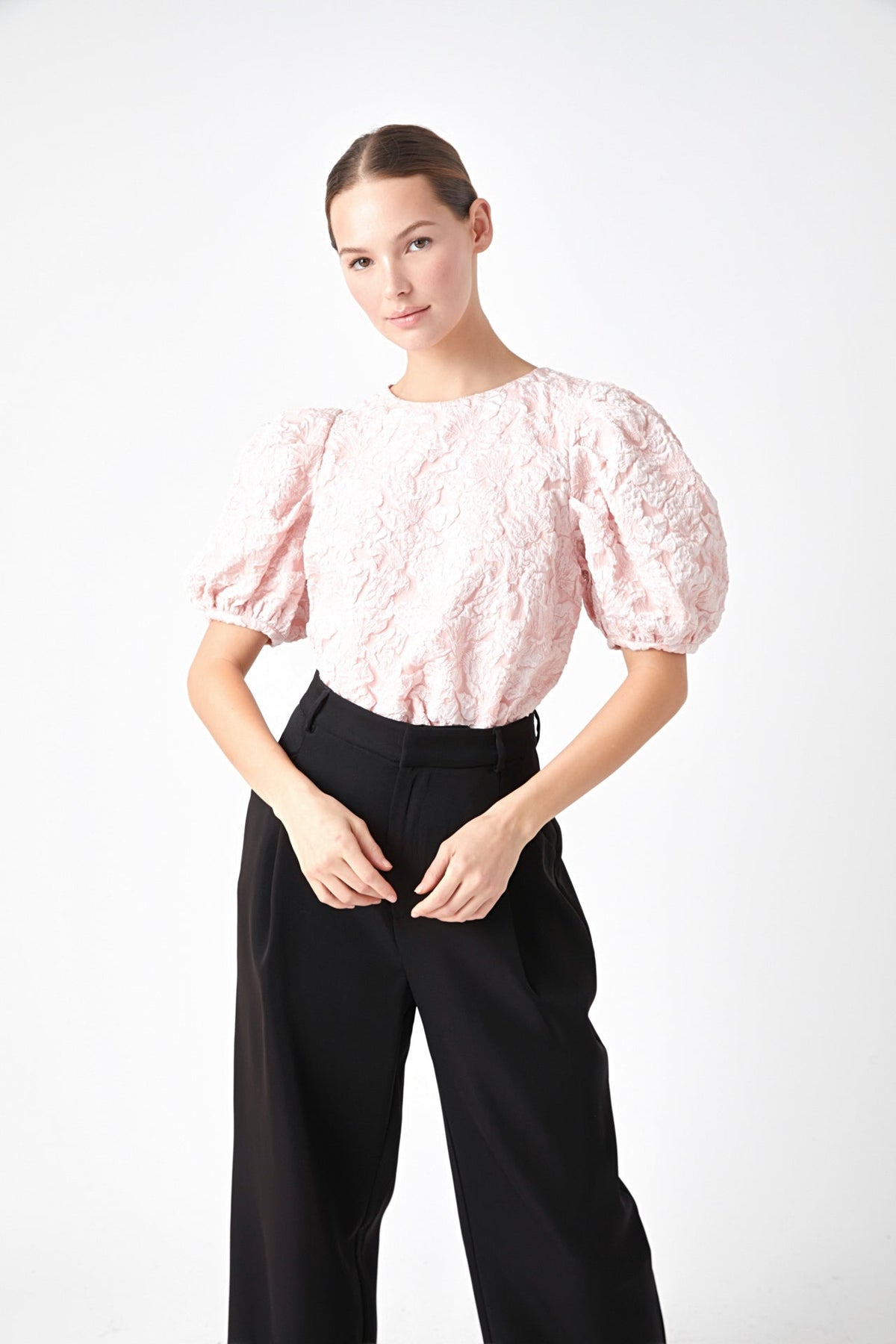 Endless Rose New | Floral Jacquard Puff Sleeve Top