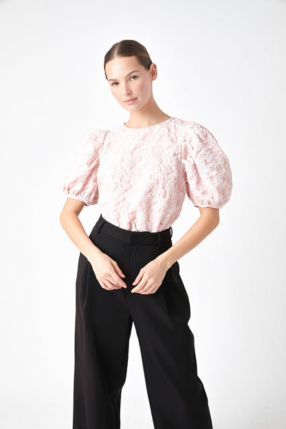 Endless Rose New | Floral Jacquard Puff Sleeve Top