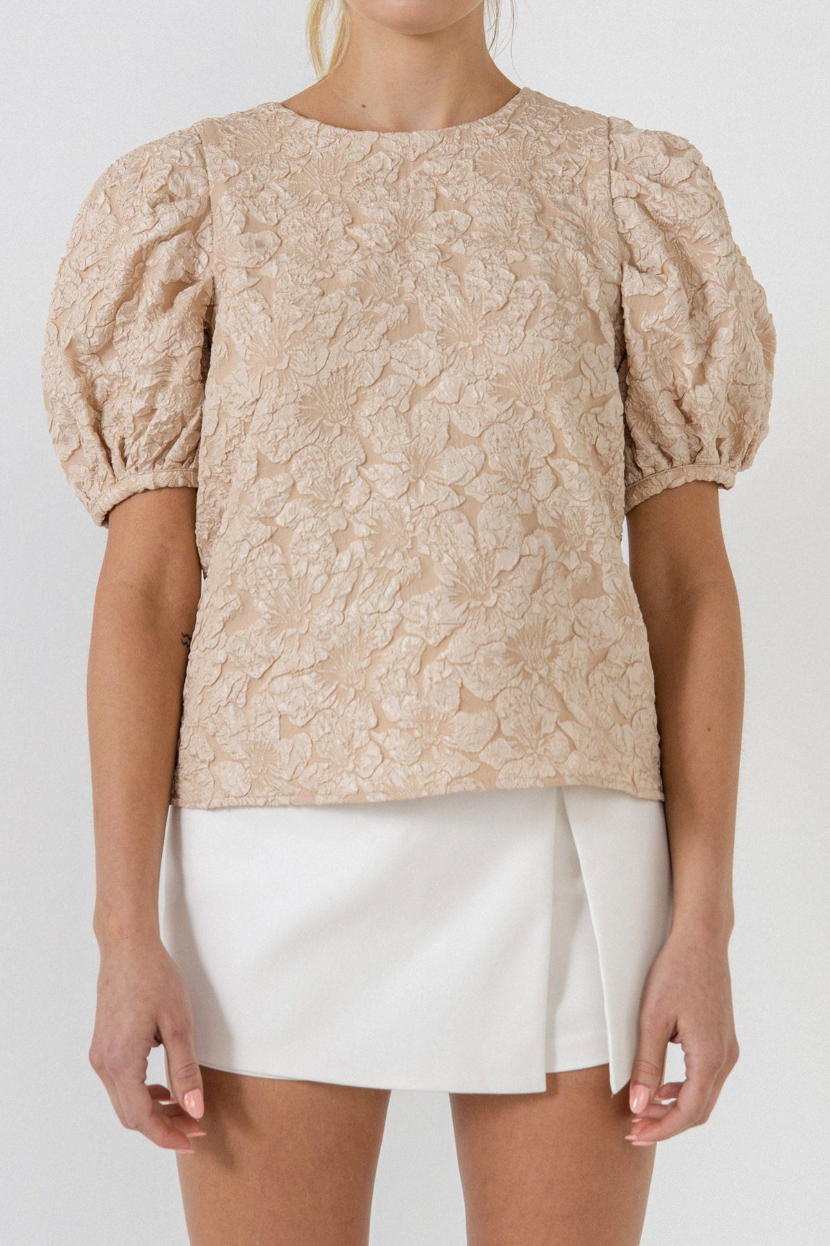 Endless Rose New | Floral Jacquard Puff Sleeve Top