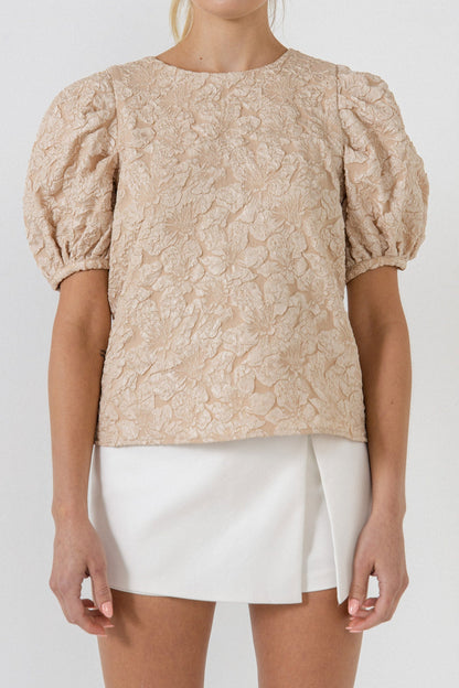 Endless Rose New | Floral Jacquard Puff Sleeve Top
