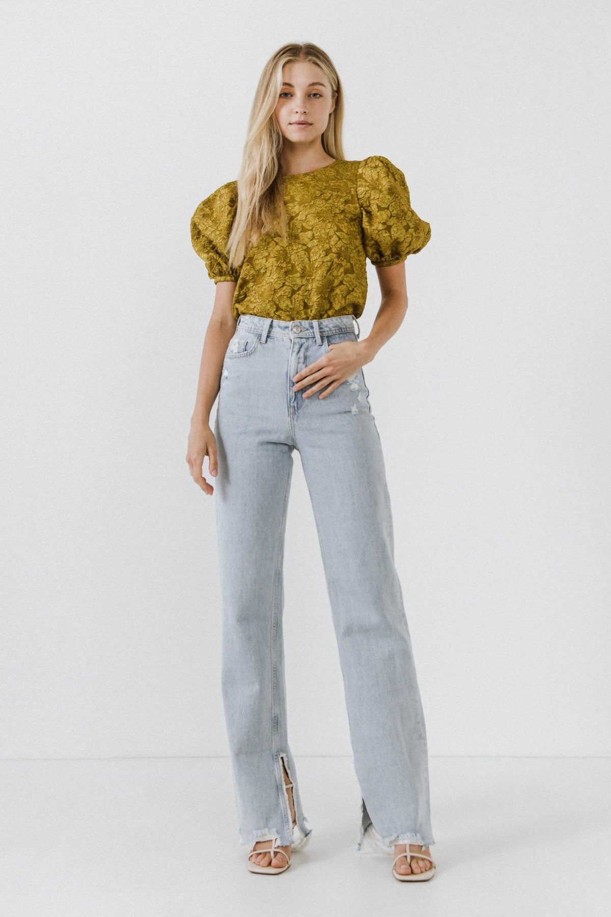 Endless Rose New | Floral Jacquard Puff Sleeve Top