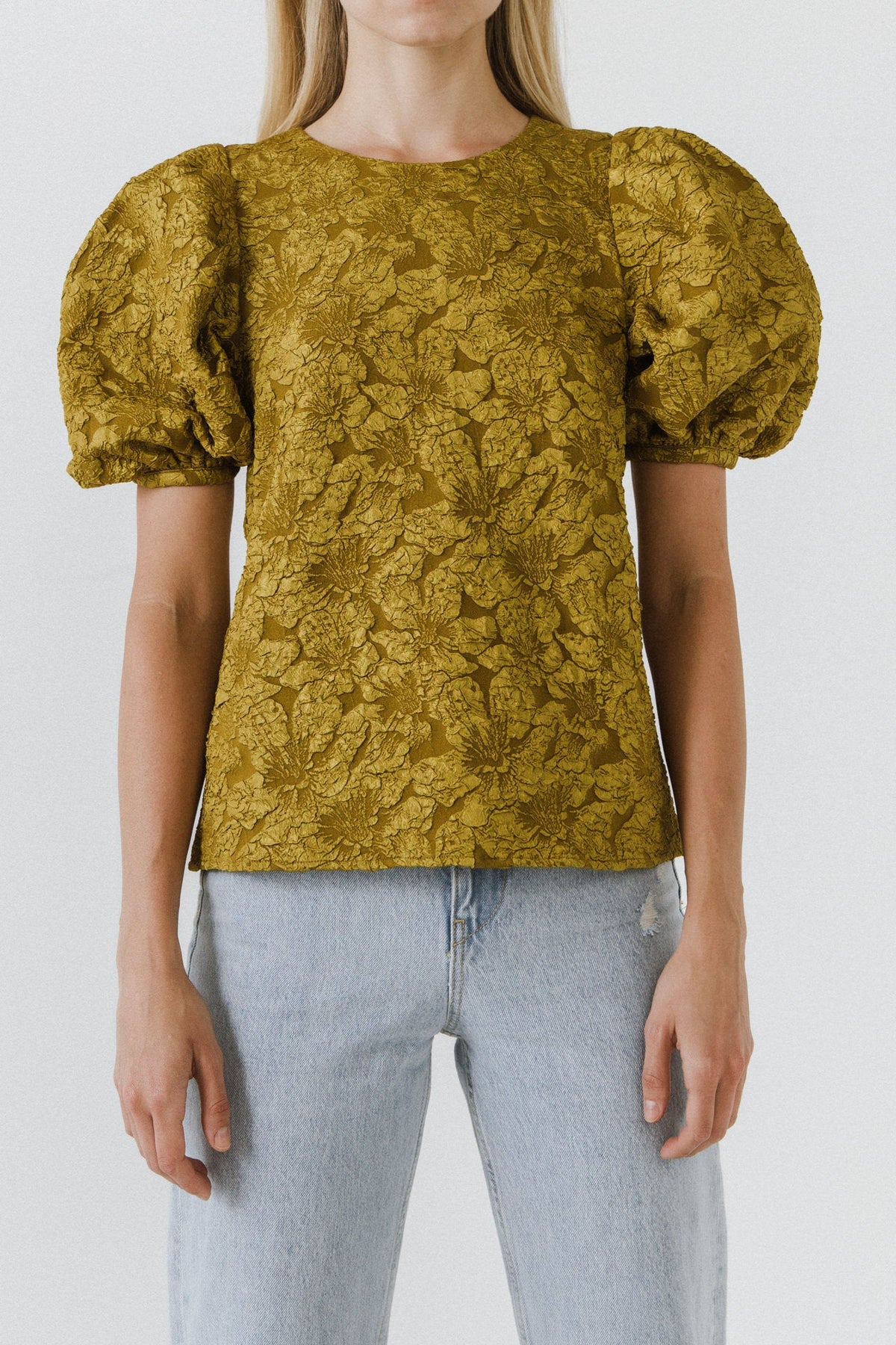 Endless Rose New | Floral Jacquard Puff Sleeve Top