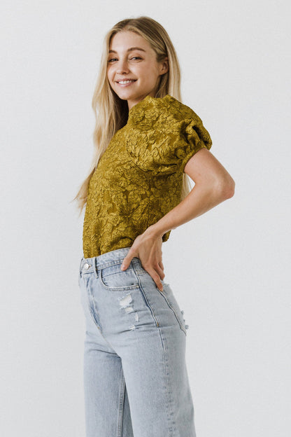 Endless Rose New | Floral Jacquard Puff Sleeve Top