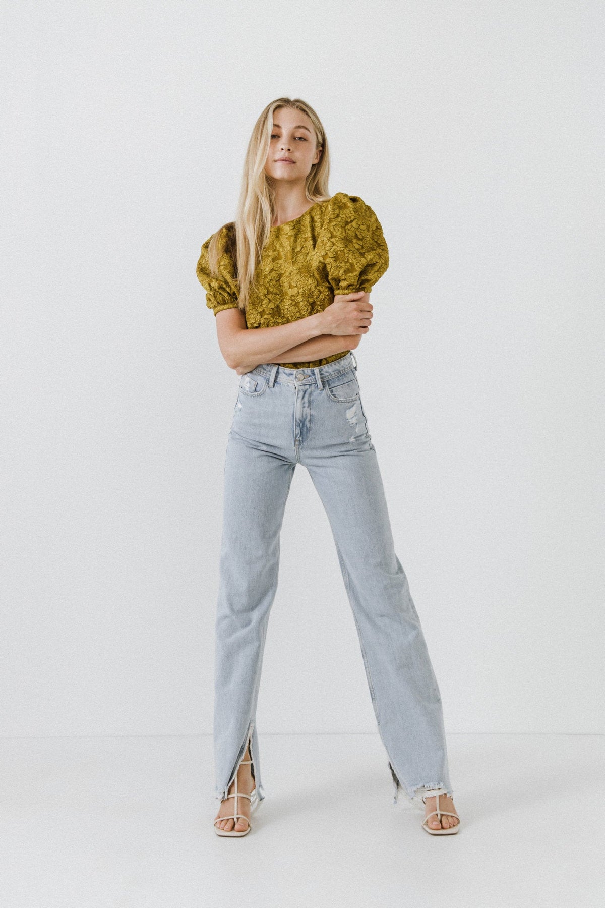 Endless Rose New | Floral Jacquard Puff Sleeve Top